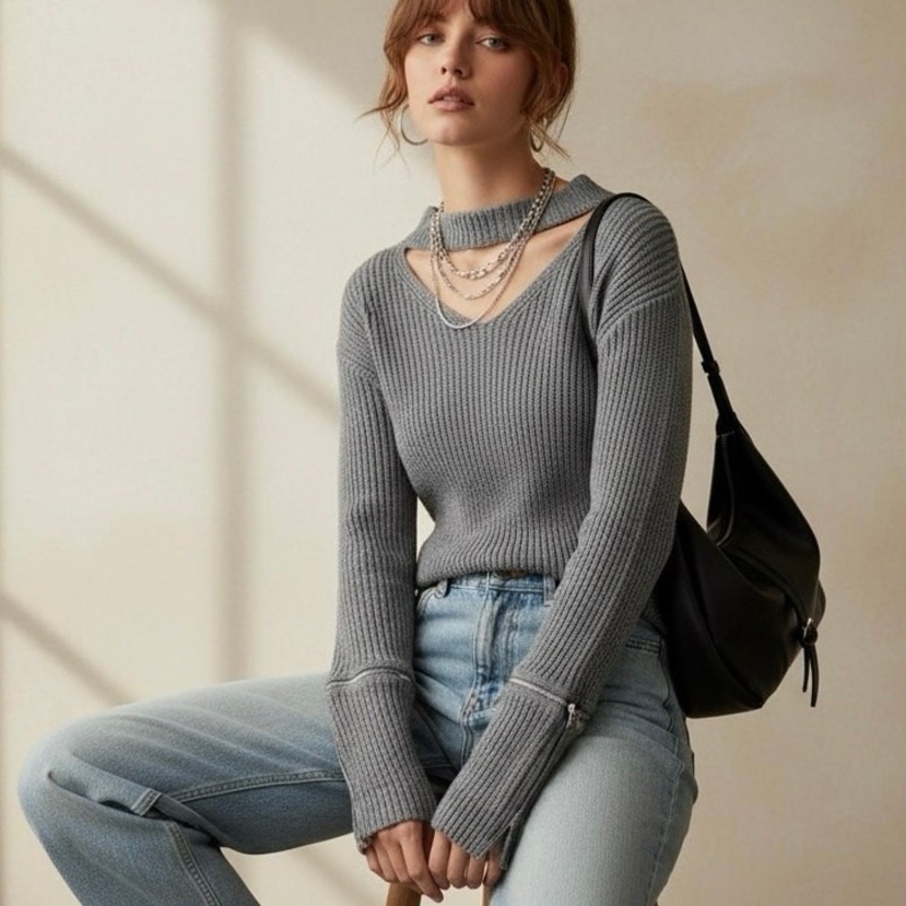 Love More Cutout Choker V-Neck Ribbed Knit Zipper Sleeve Sweater Gray Size S